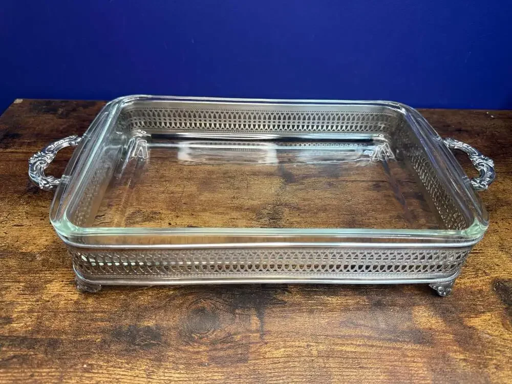 Vintage Silver Plated Casserole Dish holder with Removabke Pyrex casserole dish
